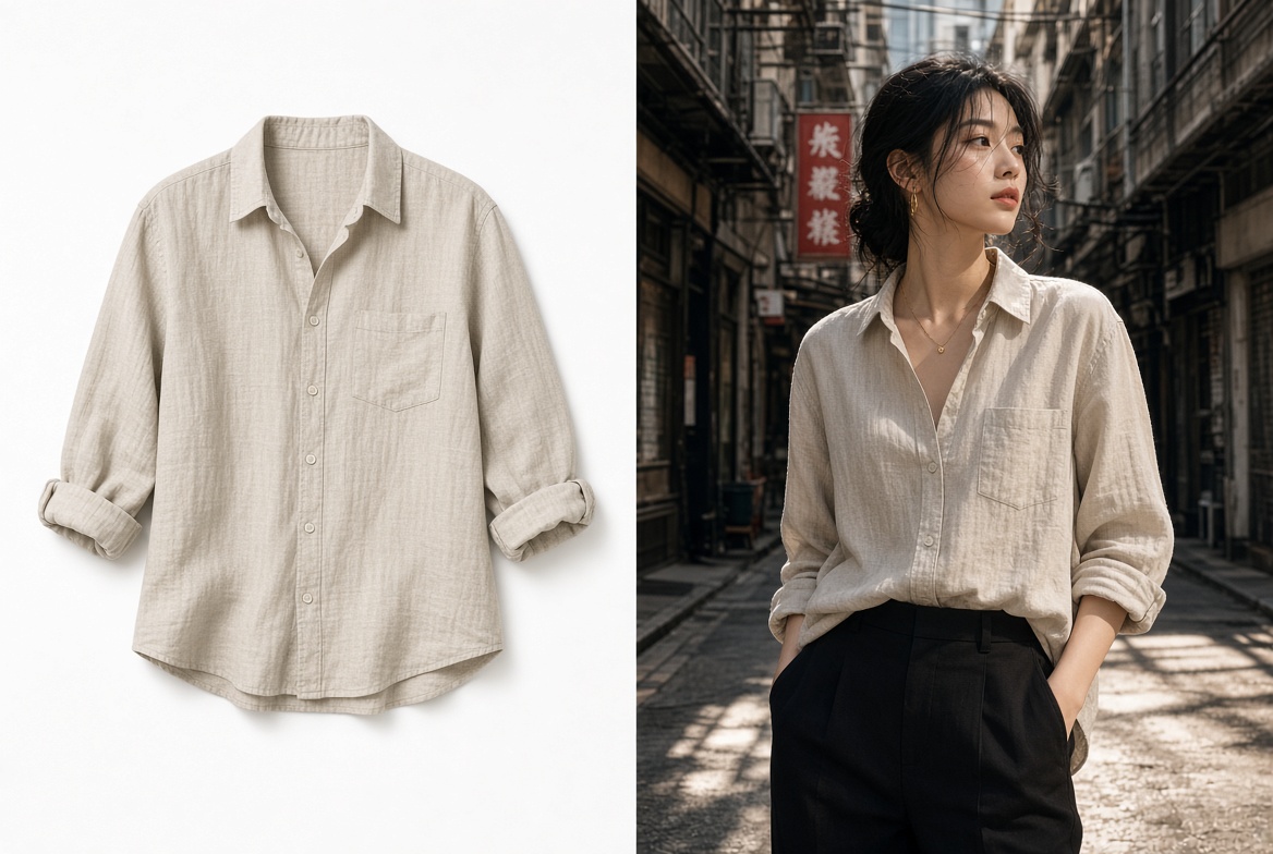 服裝 · 平鋪 → 模特上身